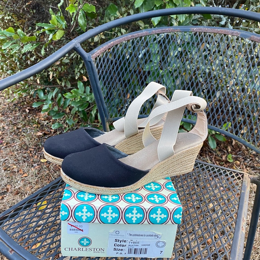 Black Espadrille Wedge Sandals with Cream Straps